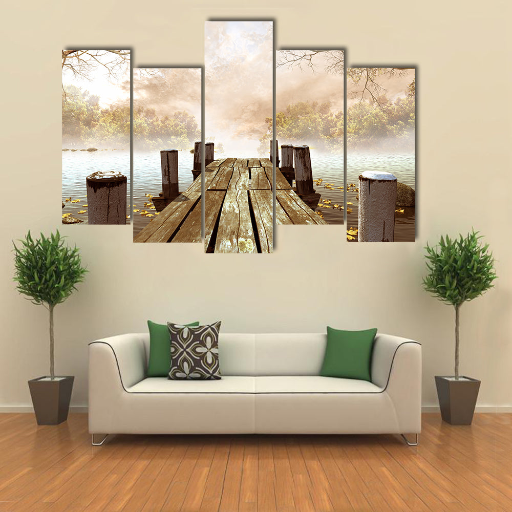 Wooden Dock on Misty Lake Canvas Wall Art