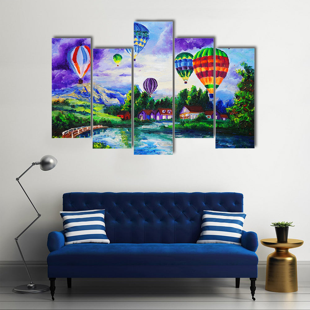 Hot Air Balloons Over River Village Canvas Wall Art