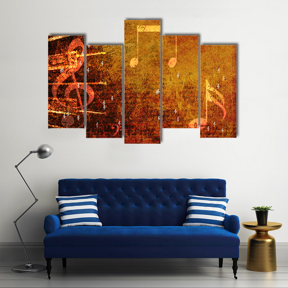 Grunge Music Notes with Golden-orange Glow Canvas Wall Art