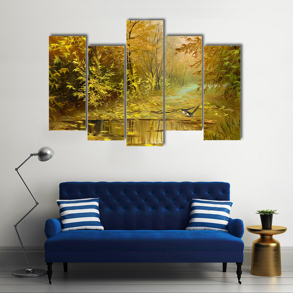 Golden Autumn Forest with Reflecting Puddle Canvas Wall Art