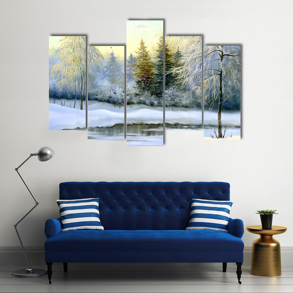 Snow-covered Forest and Frozen River Canvas Wall Art
