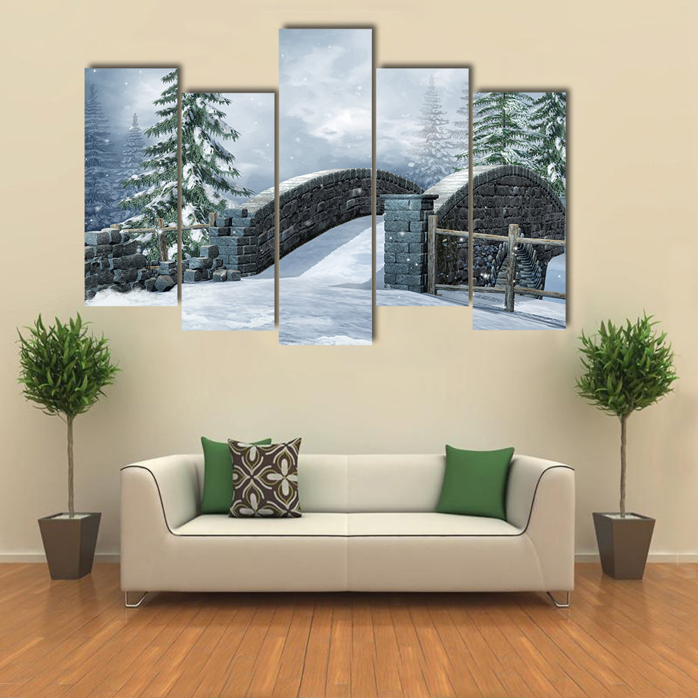 Stone Bridge On A Winter Meadow Canvas Wall Art