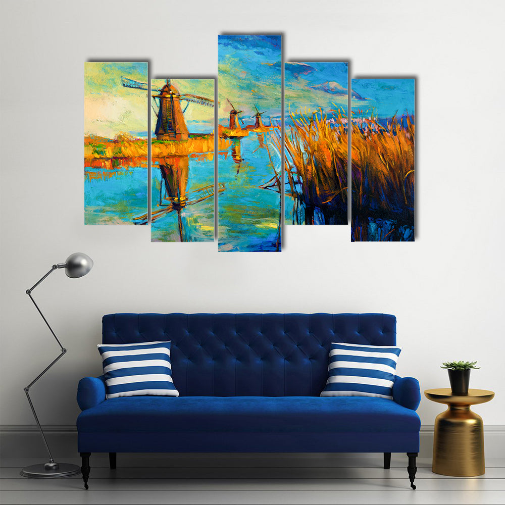 Windmill Landscape at Sunset Canvas Wall Art