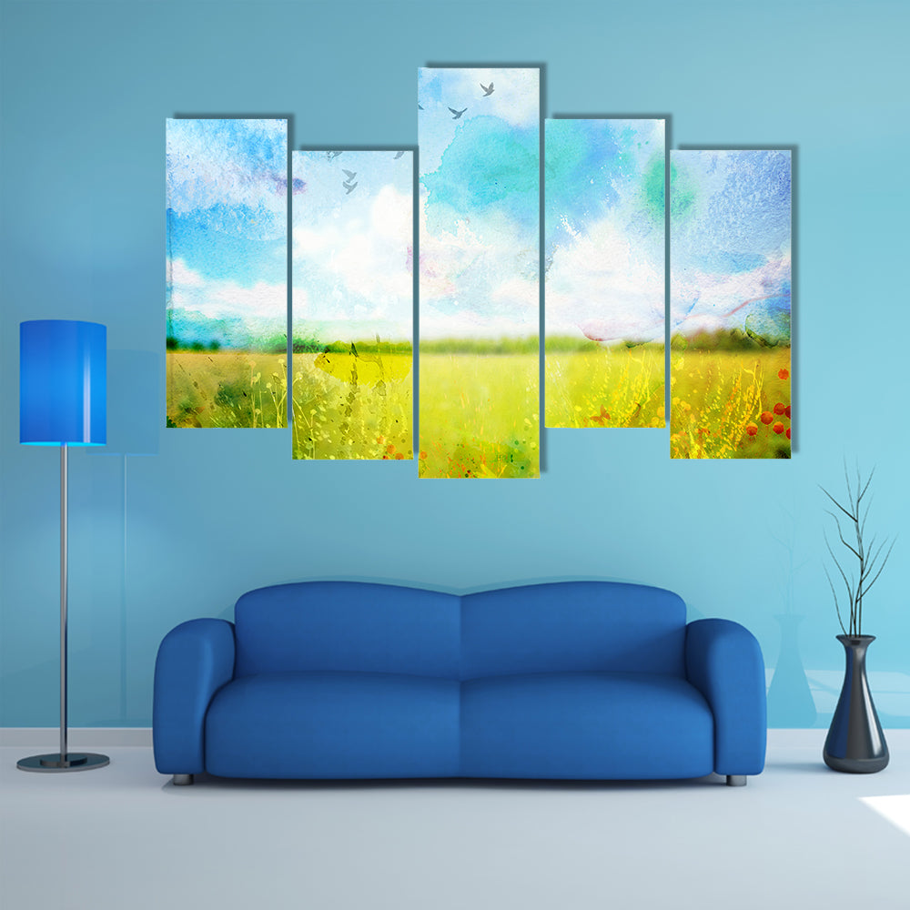 Village Meadow Watercolor Landscape Canvas Wall Art