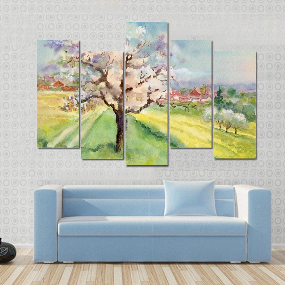 Village Life Watercolor Landscape Canvas Wall Art