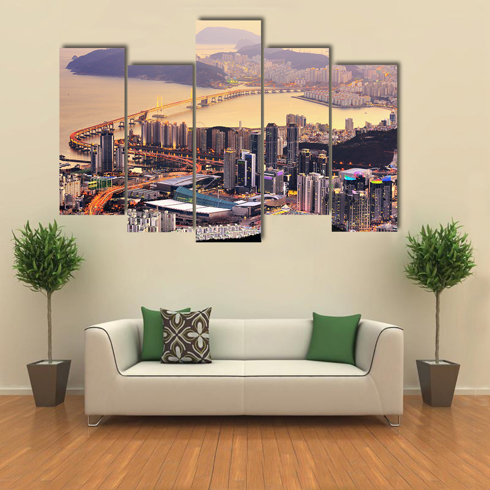 Coastal City Skyline at Golden Dusk Canvas Wall Art