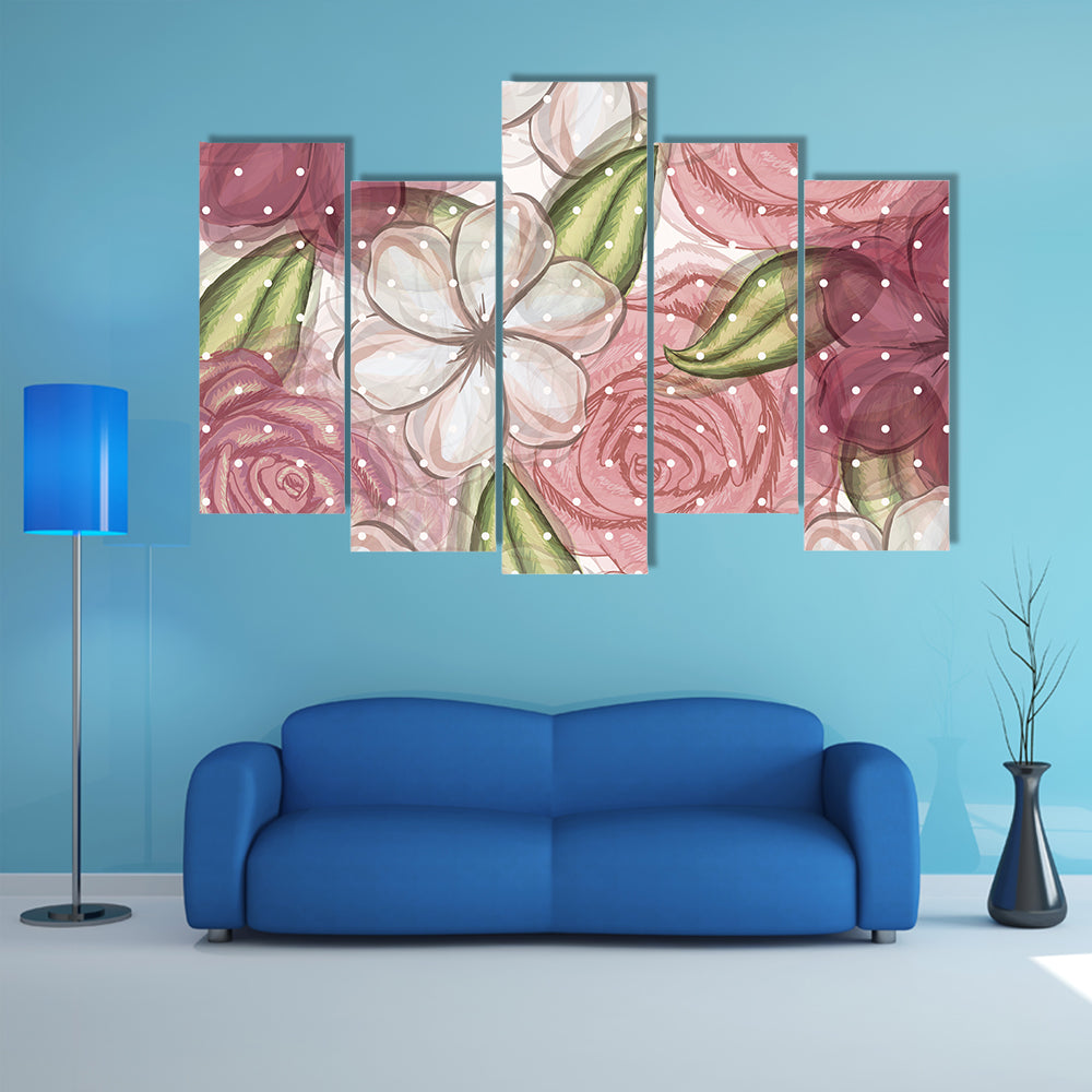Pink Roses and White Blossoms Pattern Canvas Wall Art