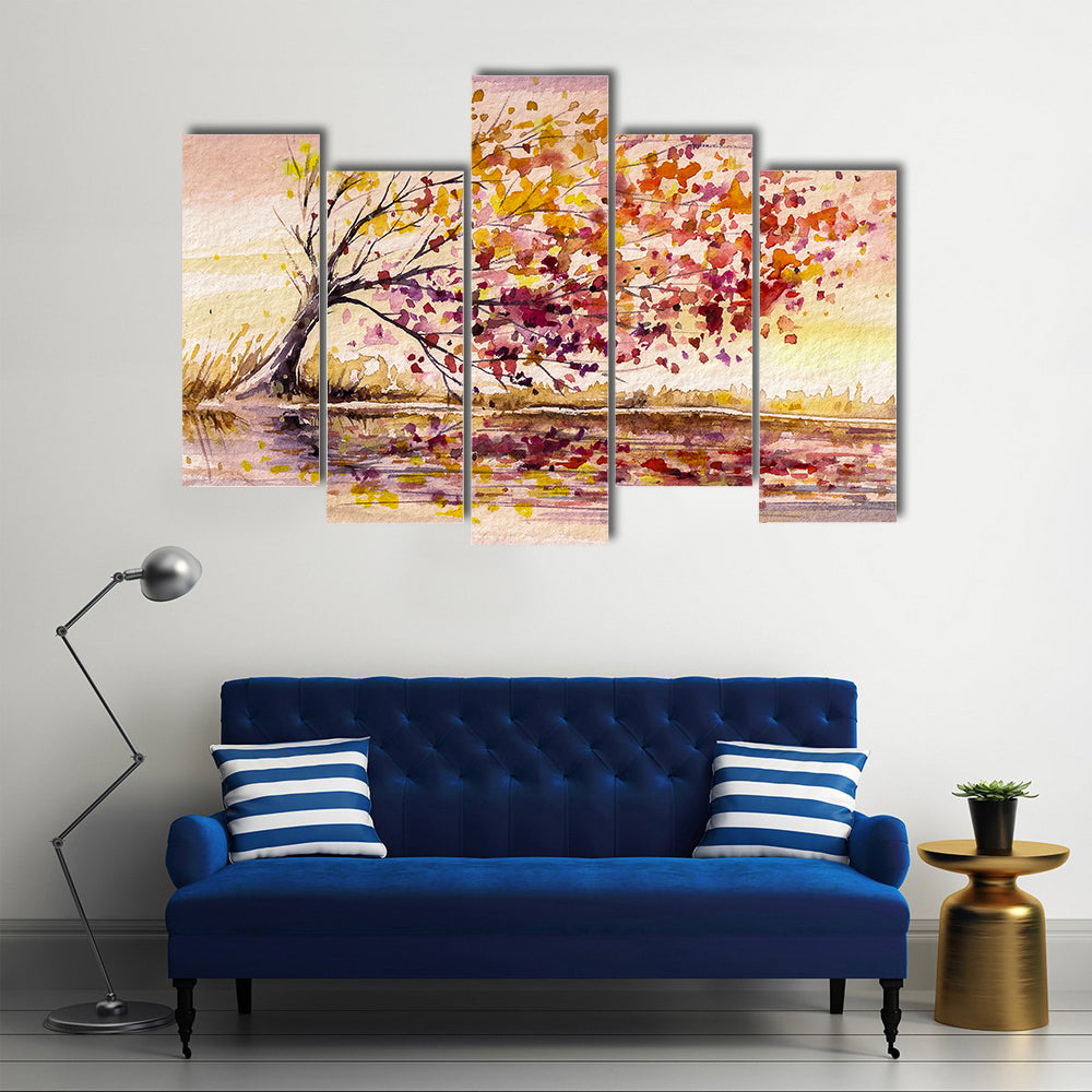 Wind-swept Autumn Tree by the Lake Canvas Wall Art