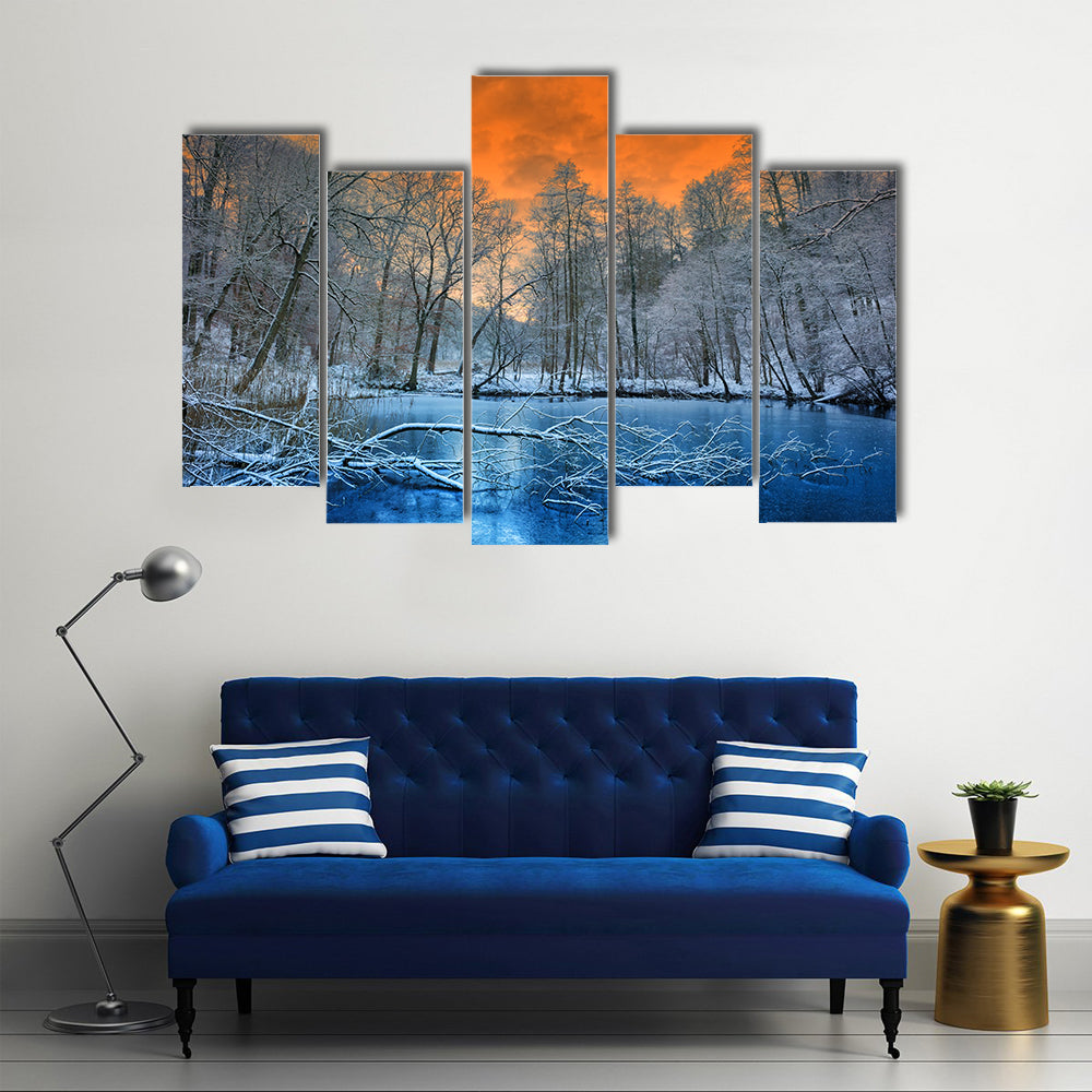 Orange Sunset Over White Winter Forest Canvas Wall Art