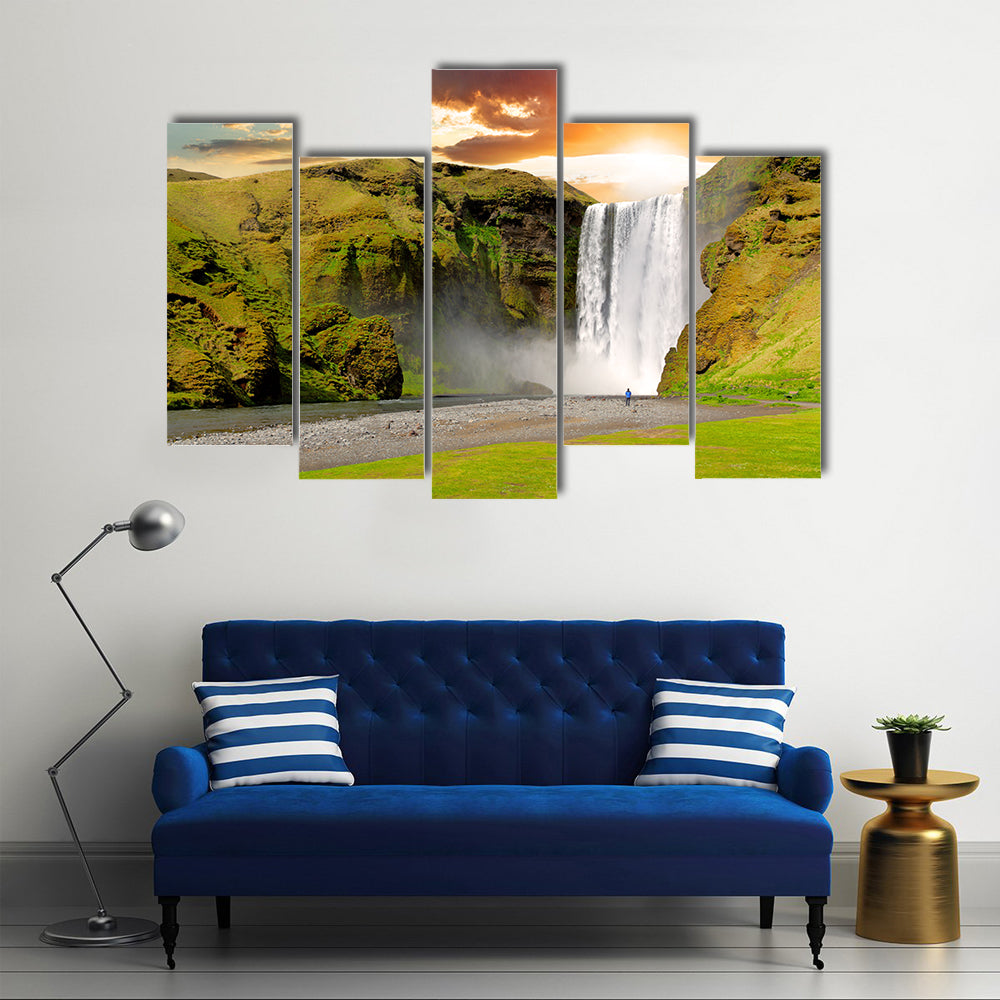 Skogafoss Waterfall At Sunset In Iceland Canvas Wall Art