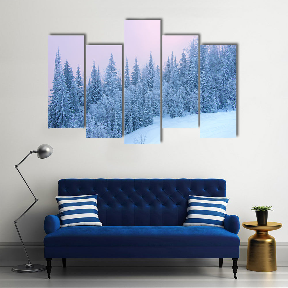 Winter Forest At The Sunset With Fog Canvas Wall Art