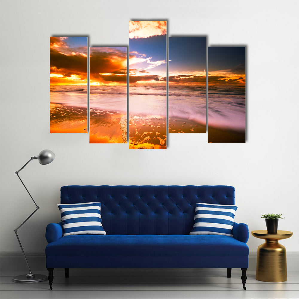 Sunset And Waves On The Beach Canvas Wall Art