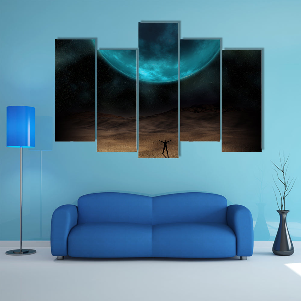 Silhouetted Figure Beneath Giant Blue Planet Canvas Wall Art