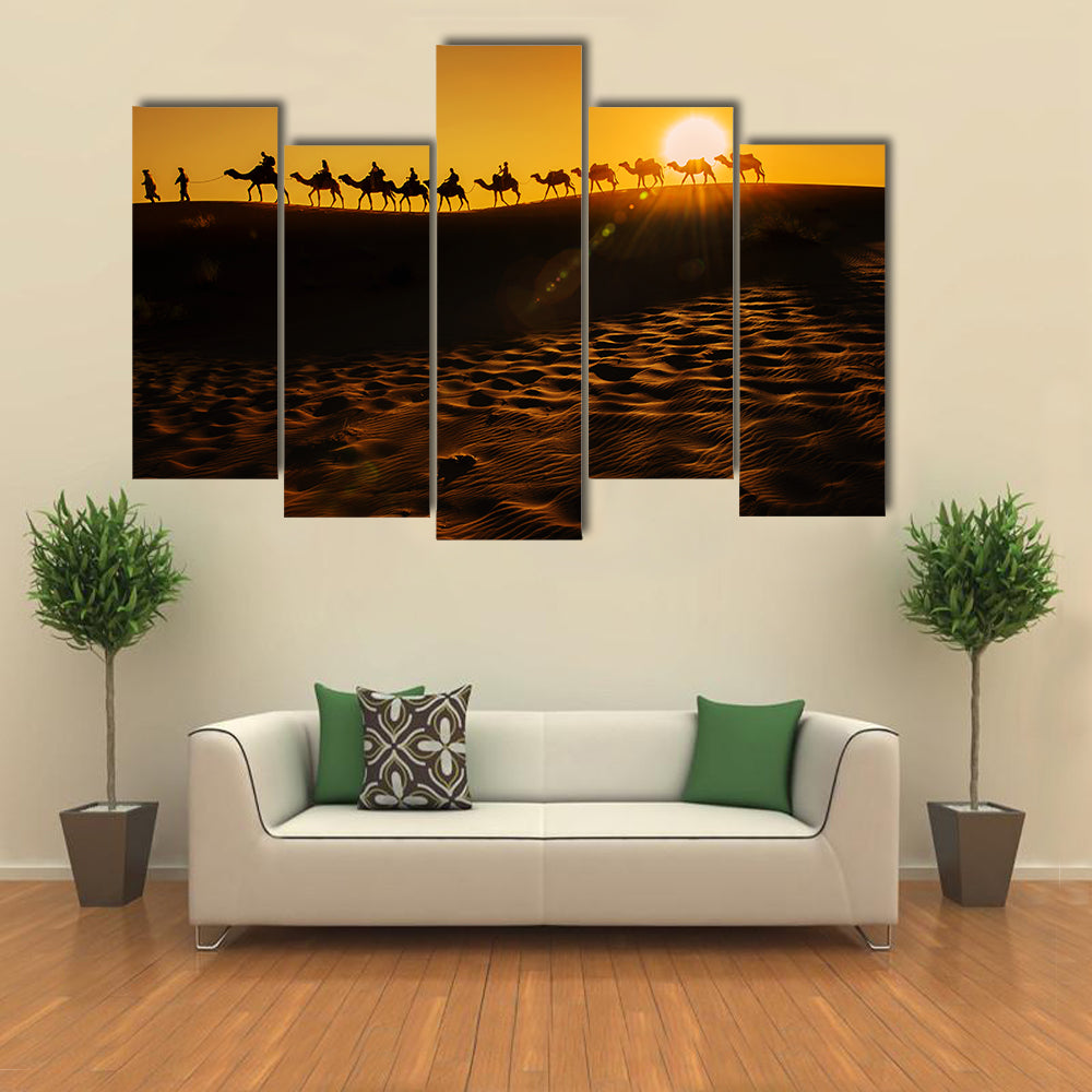 Camel Caravan at Sunset Canvas Wall Art