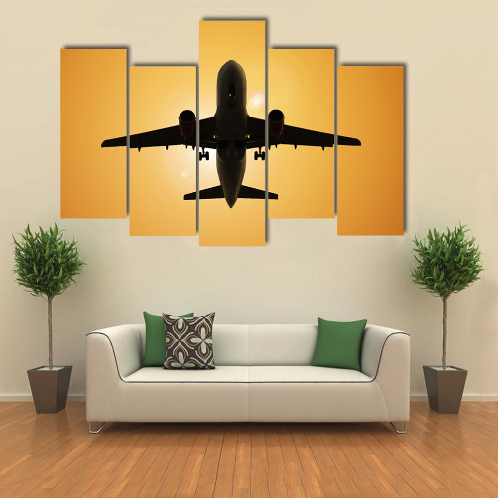 Airplane Silhouette Against the Sun Canvas Wall Art