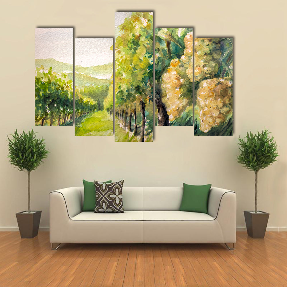 Sunlit Watercolor Vineyard Canvas Wall Art