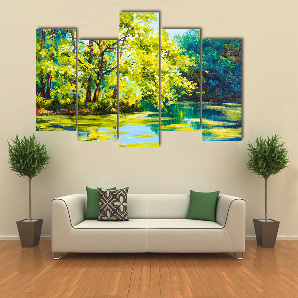 Sunlit Forest Lake Canvas Wall Art