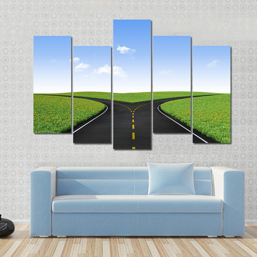 Forked Road in Sunlit Meadows Canvas Wall Art