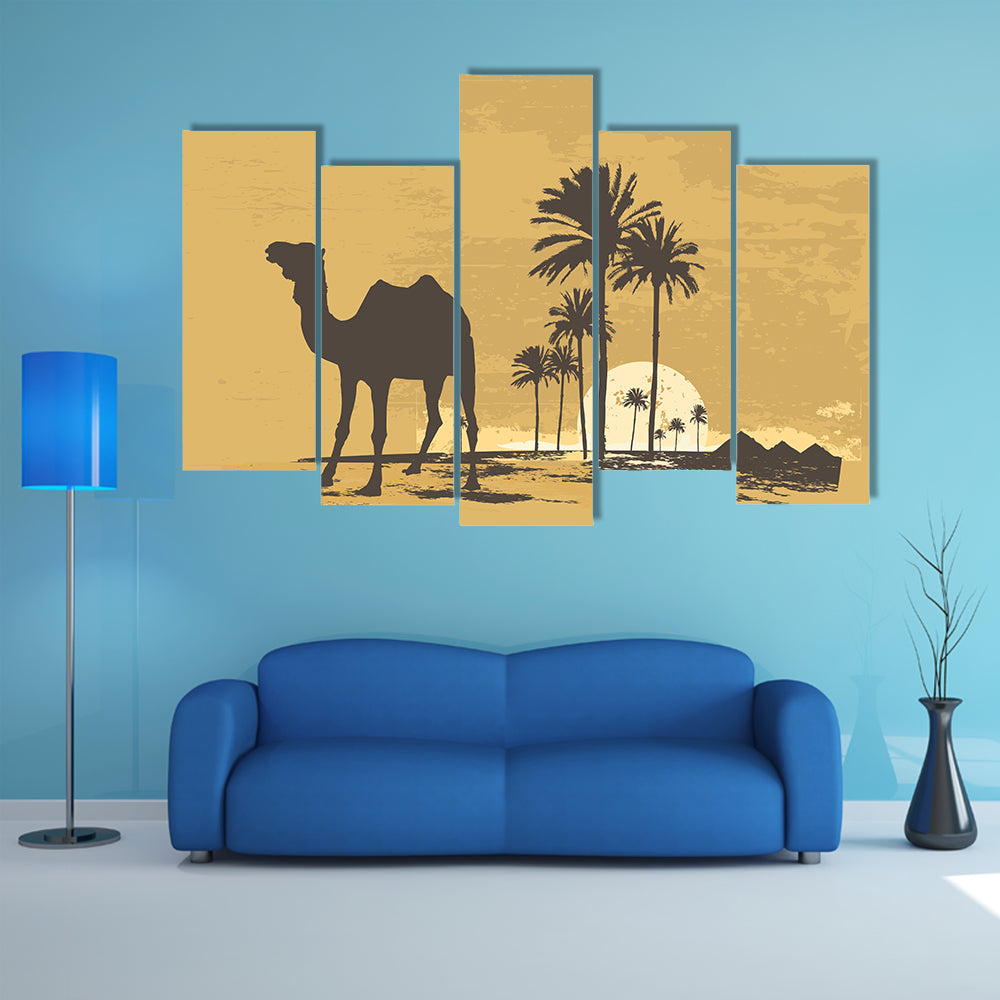 African Desert Sunset with Camel Silhouette Canvas Wall Art
