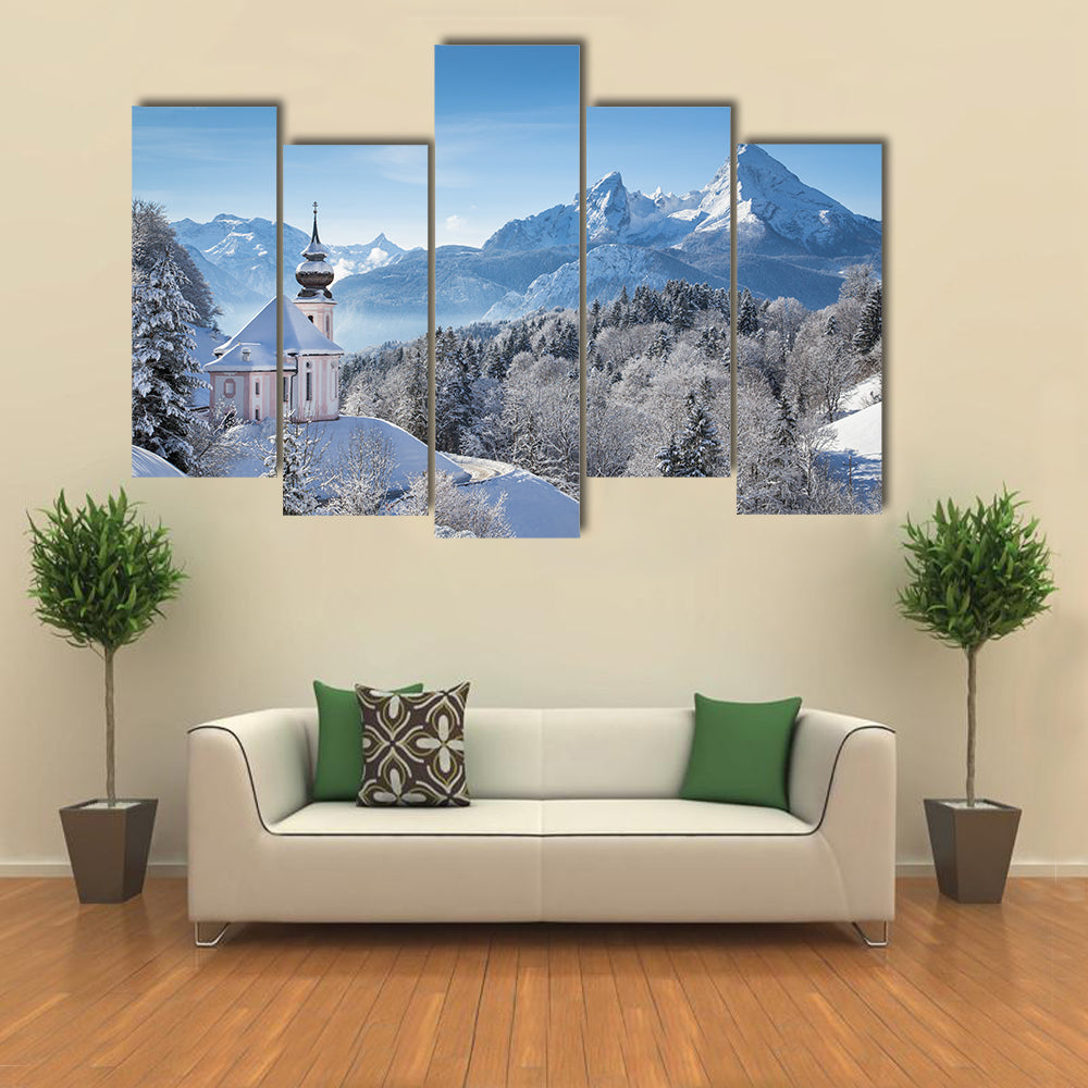 Snowy Alps With Church In Bavaria Canvas Wall Art