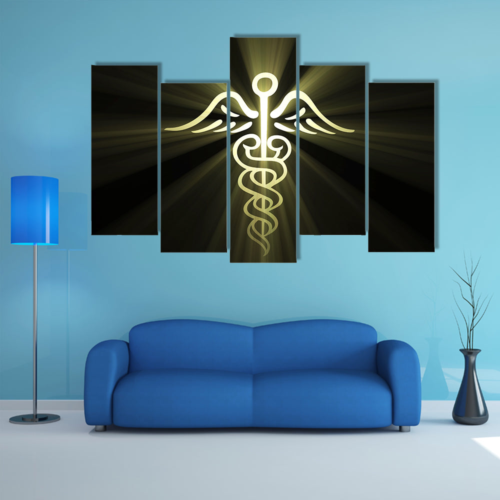 Golden Caduceus with Radiant Light Canvas Wall Art