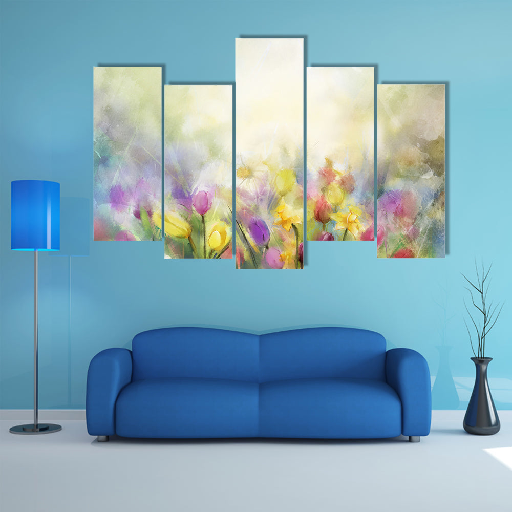 Watercolor Daffodil and Tulip Meadow Canvas Wall Art