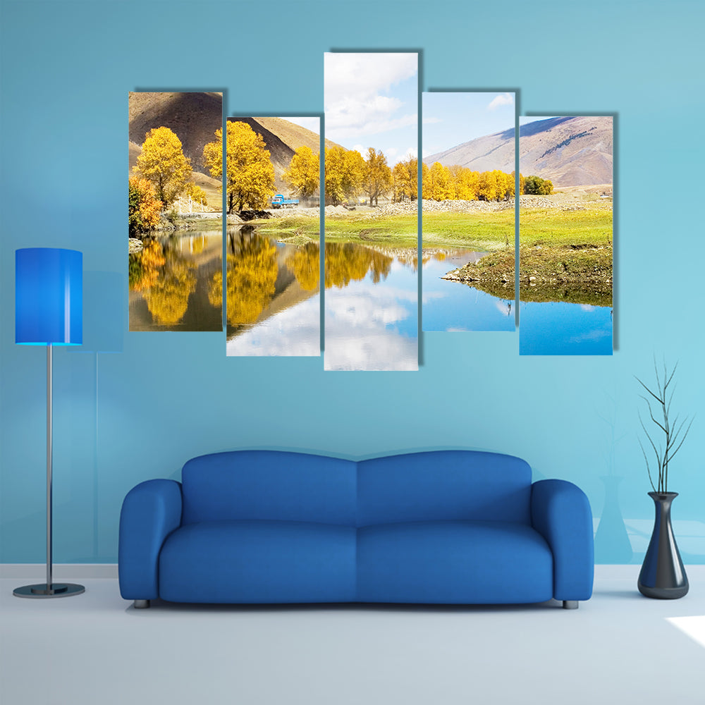 Autumn Mountain Lake with Golden Trees Canvas Wall Art