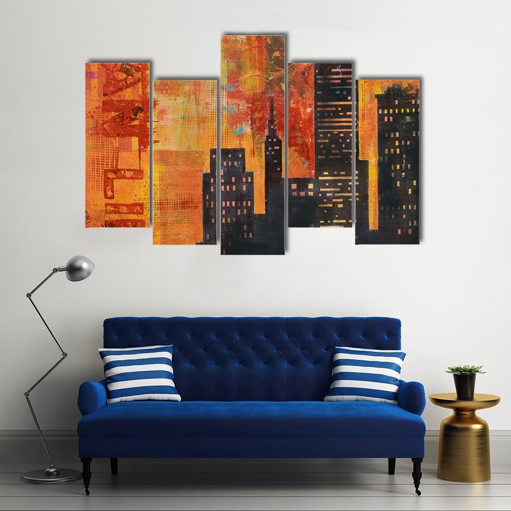 Abstract Urban Skyline with Stenciled Text Canvas Wall Art