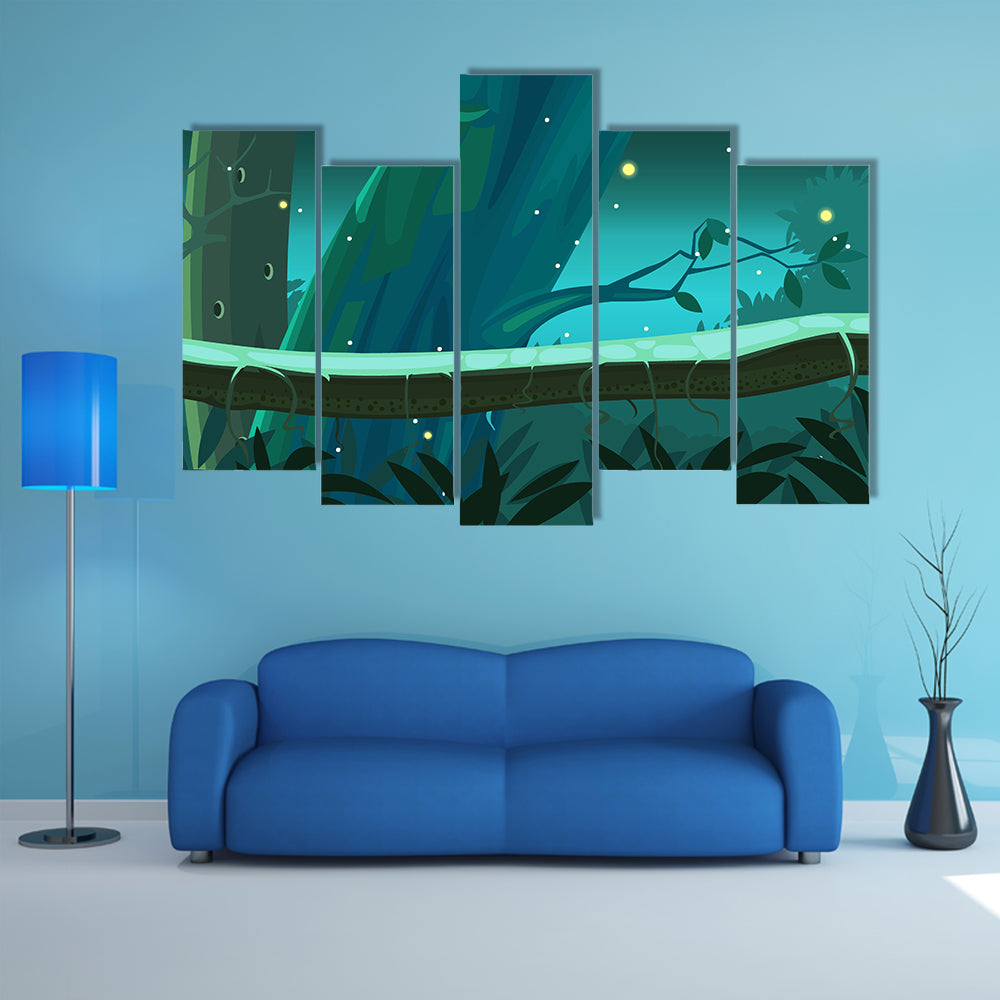 Mossy Tree Trunk with Glowing Fireflies Canvas Wall Art