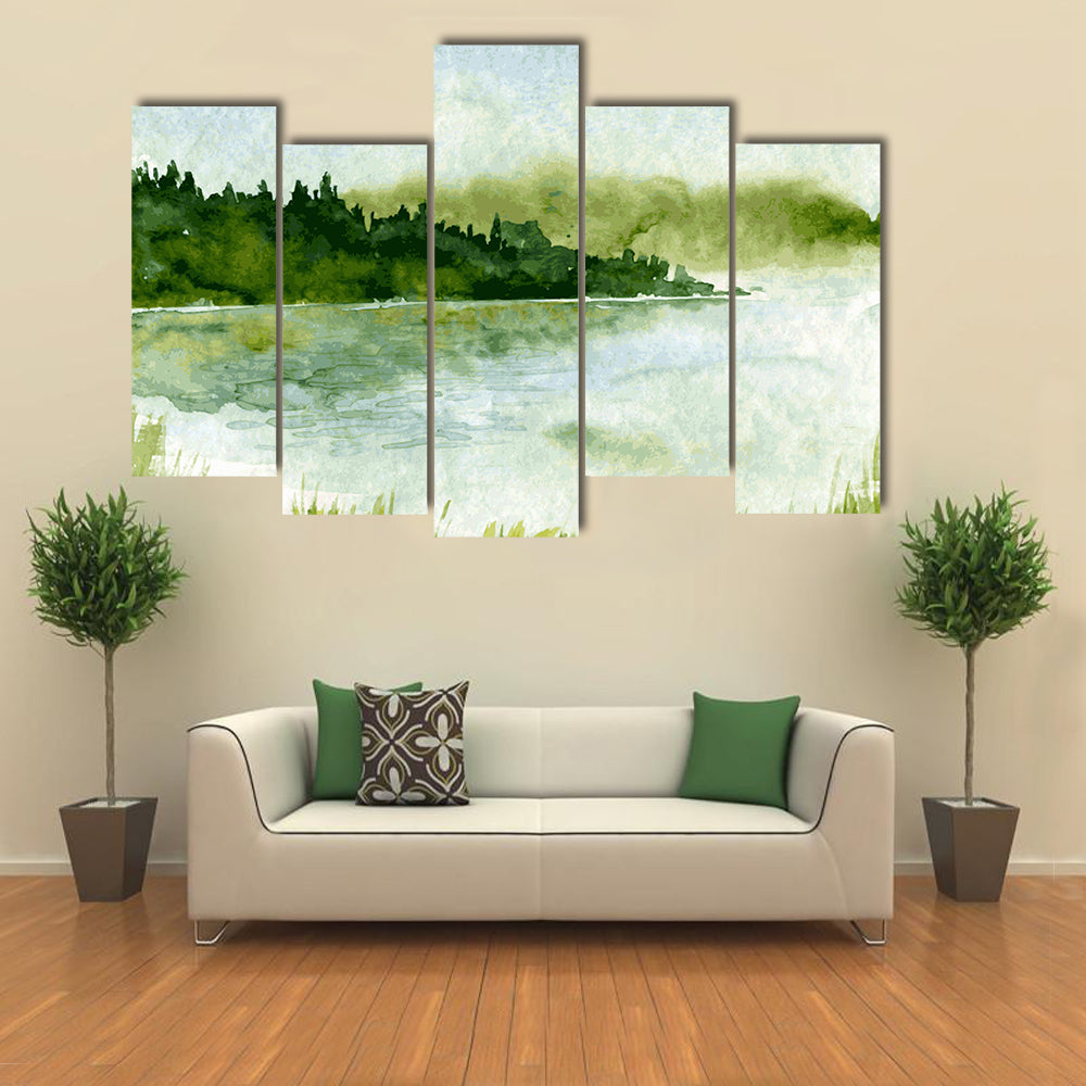 Watercolor River and Spruce Forest Canvas Wall Art