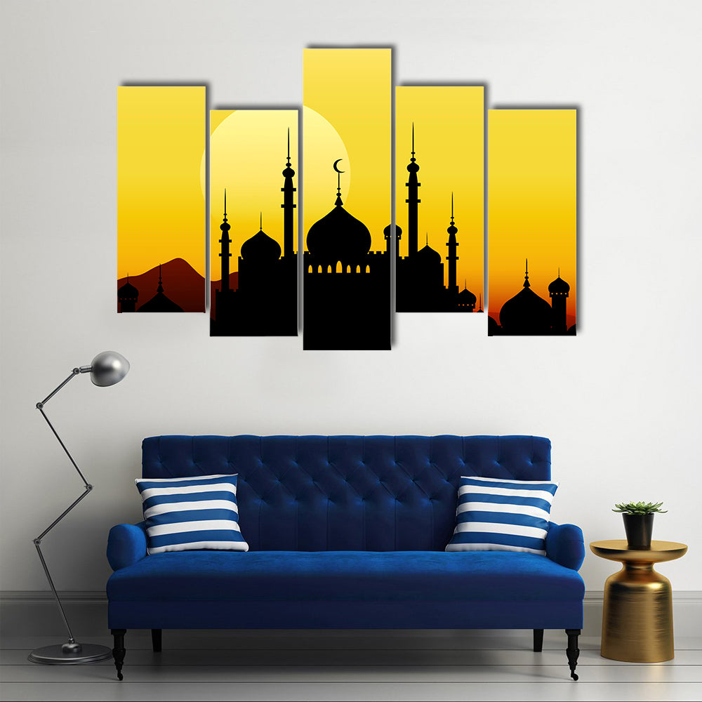Ramadan Mosque Silhouette with Golden Sun Canvas Wall Art