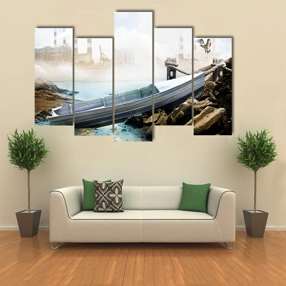 Weathered Boat at Industrial Shoreline Canvas Wall Art