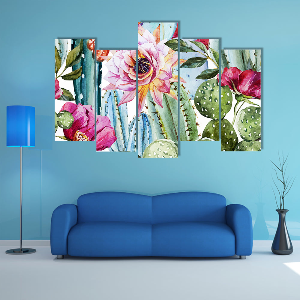 Watercolor Cactus Pattern with Pink Blooms Canvas Wall Art