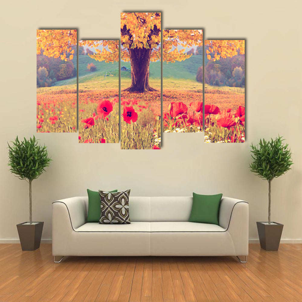 Red Poppies and Golden Tree Canvas Wall Art
