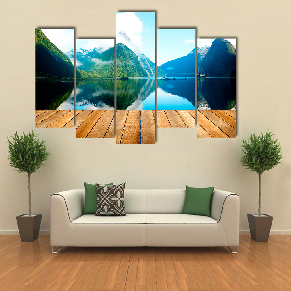 Wooden Pier and Mountain Lake Canvas Wall Art