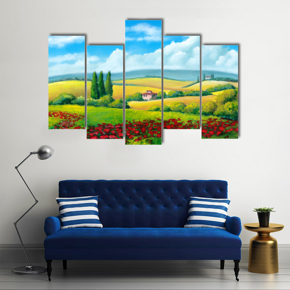 Tuscan Poppy Field with Cypress Trees Canvas Wall Art