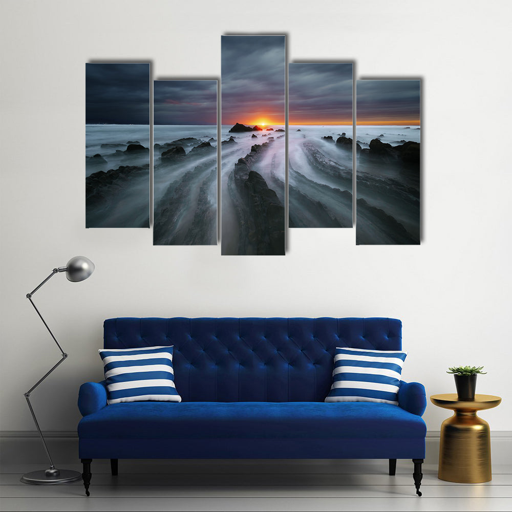 Flysch Rocks In Barrika Beach At The Sunset Canvas Wall Art