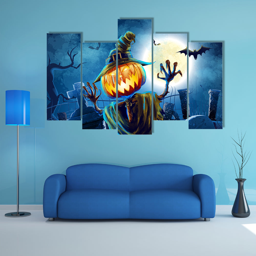 Pumpkin-headed Monster in Graveyard Canvas Wall Art