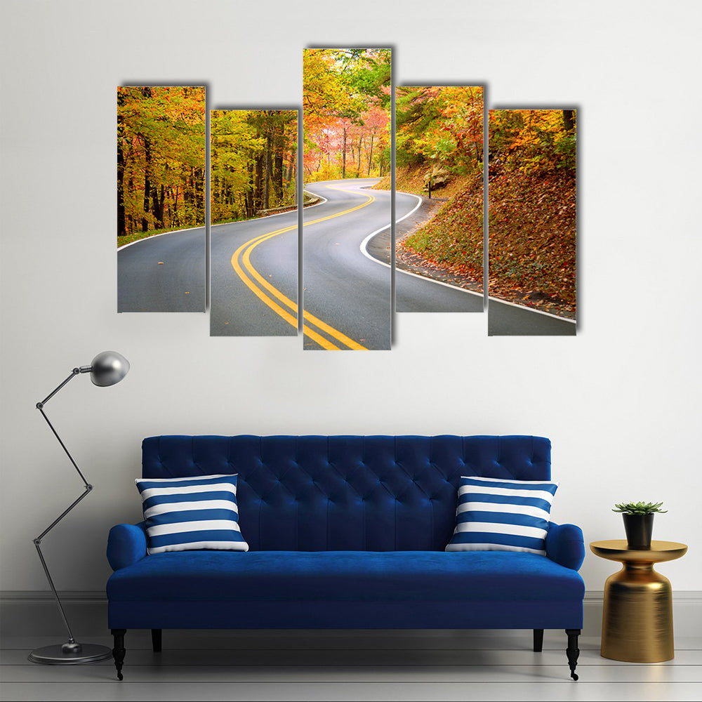 Winding Road Through Fall Forest In Appalachian Mountains Canvas Wall Art