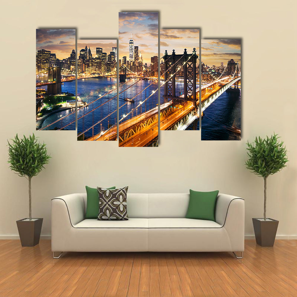 Manhattan Bridge and Skyline at Dusk Canvas Wall Art
