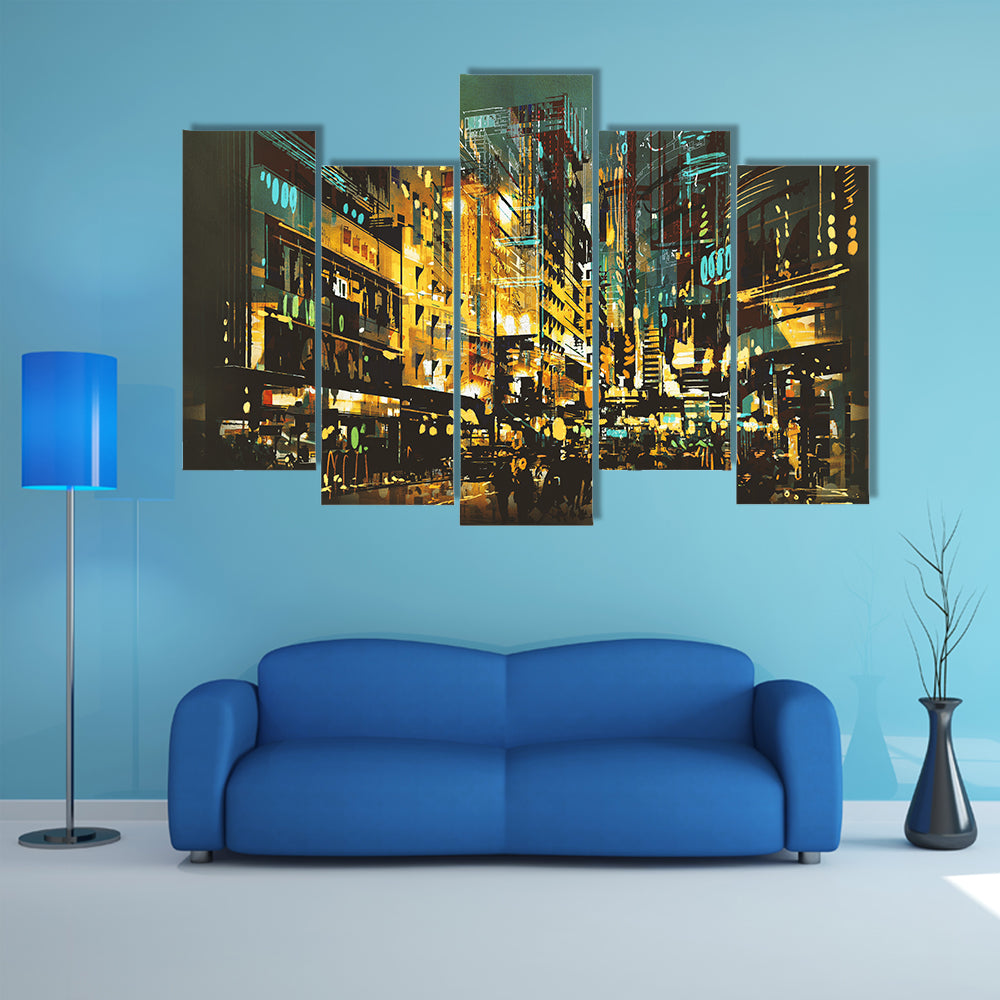 Abstract Night Cityscape with Golden Lights Canvas Wall Art