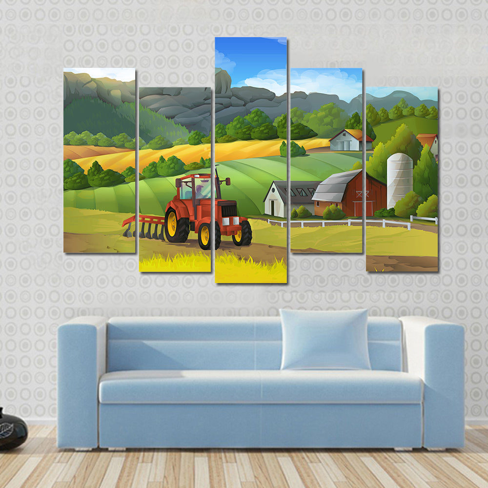 Red Tractor on Sunny Farm Landscape Canvas Wall Art