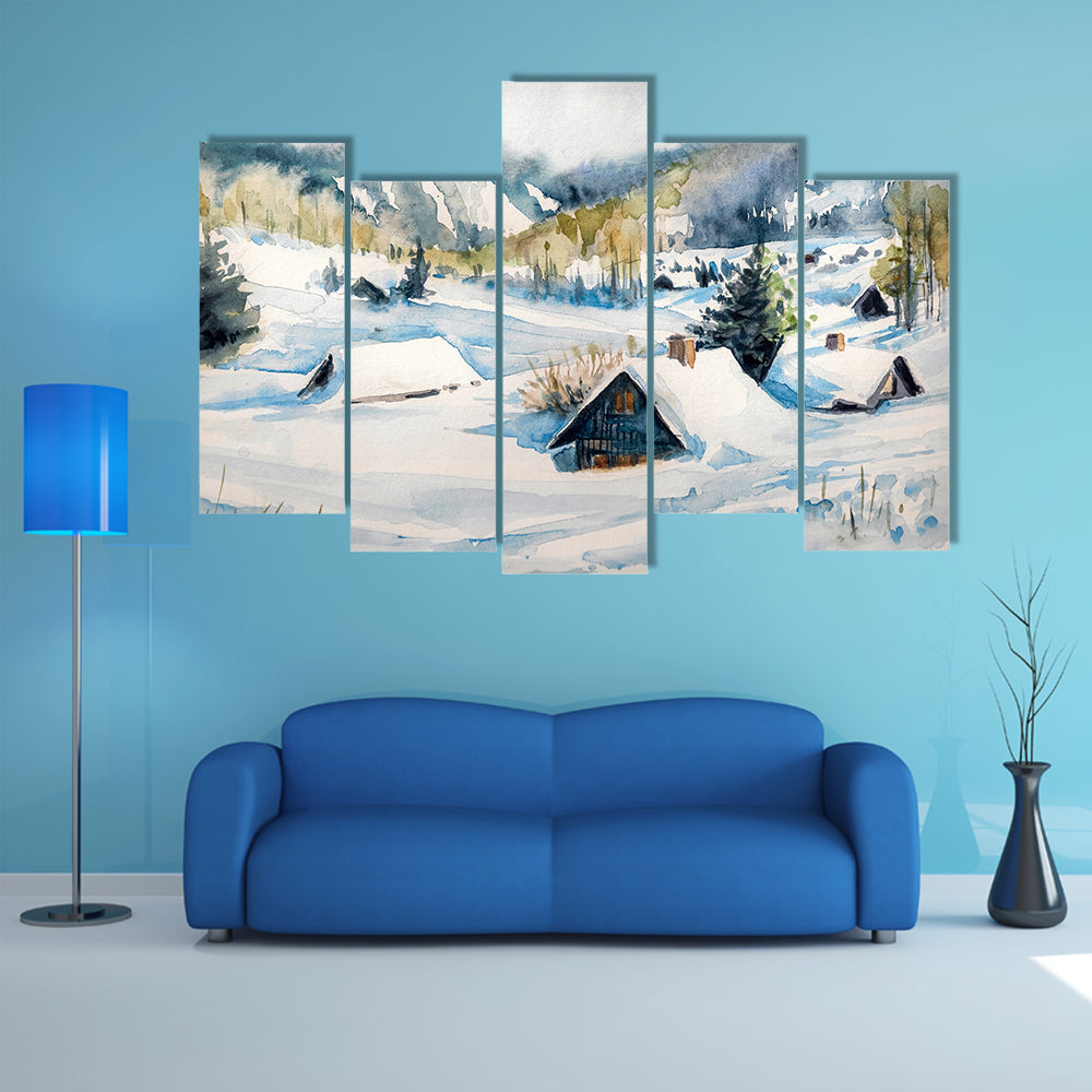 Snowy Mountain Village Canvas Wall Art
