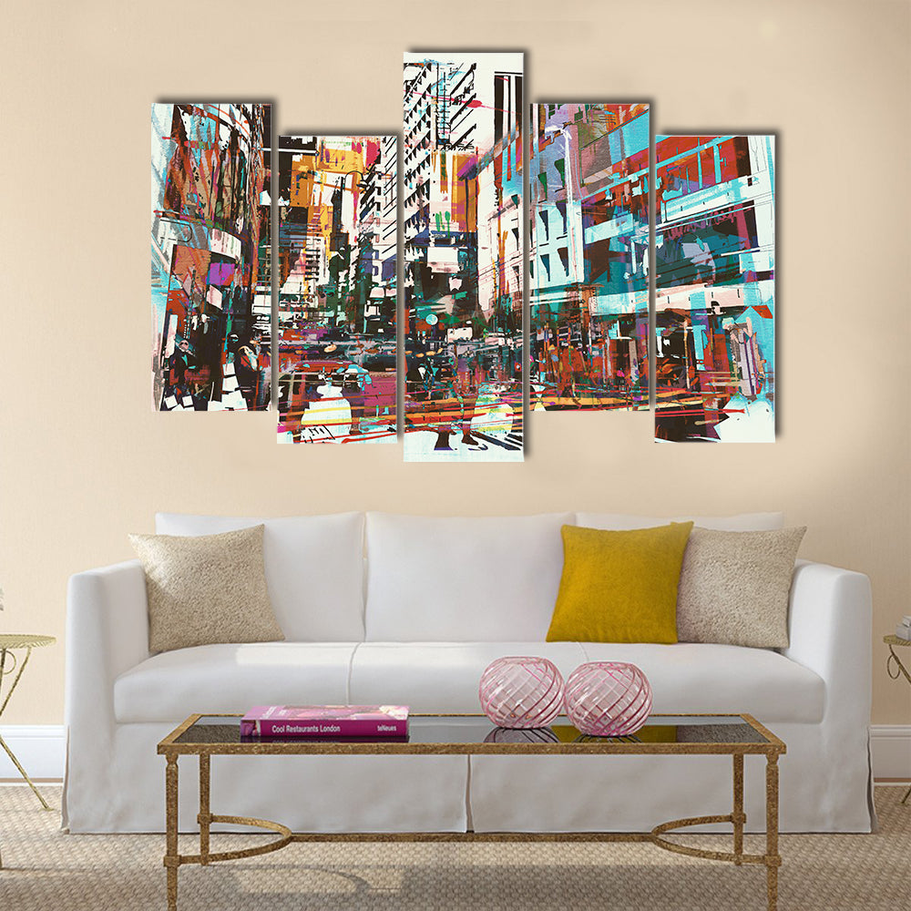 Energetic Abstract Cityscape in Cyan and Red Canvas Wall Art