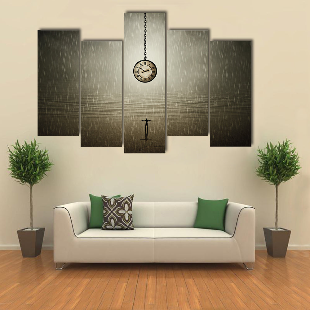 Rainy Night Silhouette with Pocket Watch Canvas Wall Art