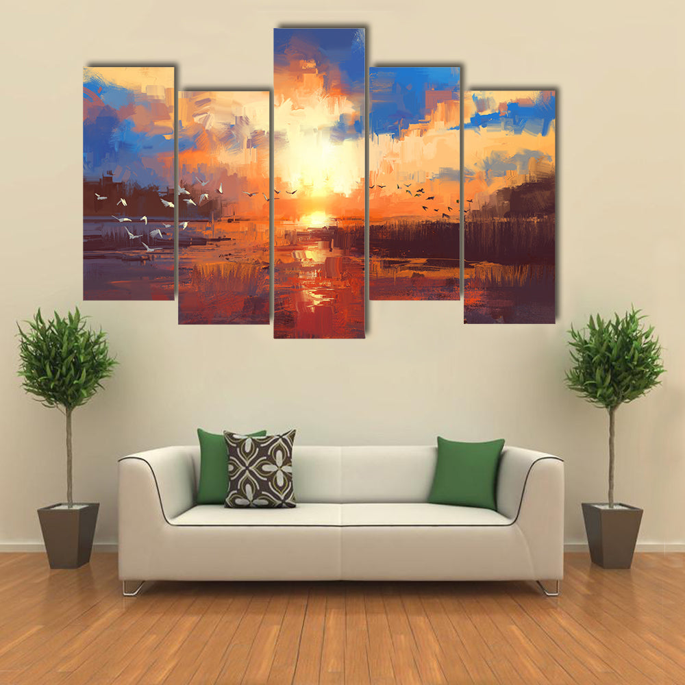 Golden Sunset Over Lake with Birds Canvas Wall Art