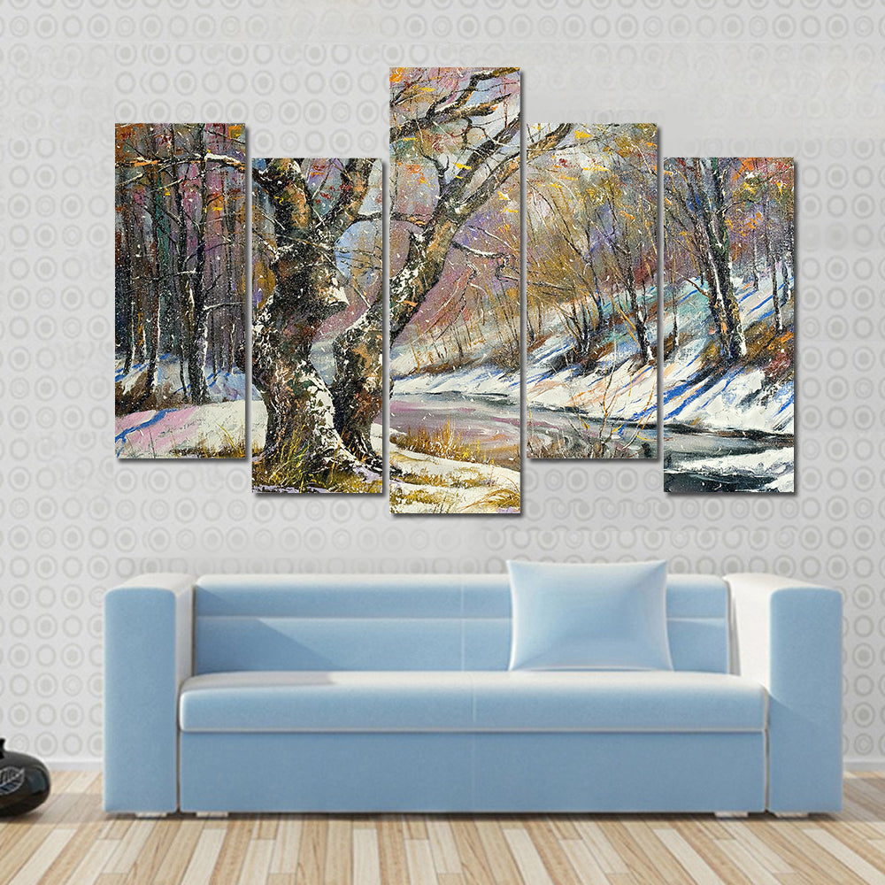 Winter River in Snowy Wood Canvas Wall Art