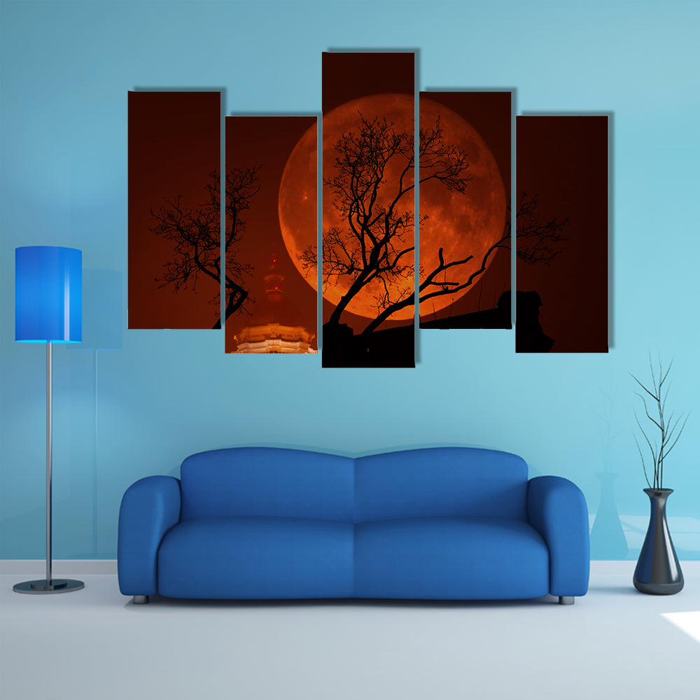 Blood Red Supermoon Over Illuminated Dome Canvas Wall Art