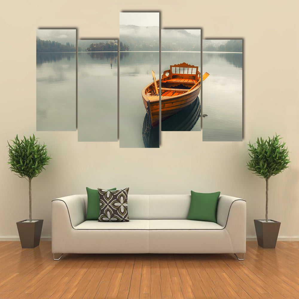 Rowboat on Foggy Lake with Island Church Canvas Wall Art
