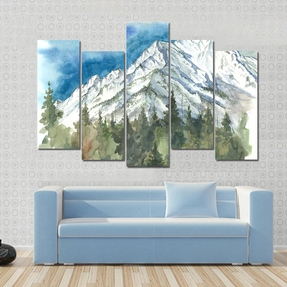 Watercolor Snow-capped Mountain and Forest Canvas Wall Art